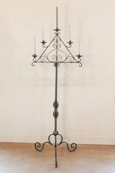 French Wrought Iron Five Light Candelabra with Celadon Lacquer and Gilt Accents