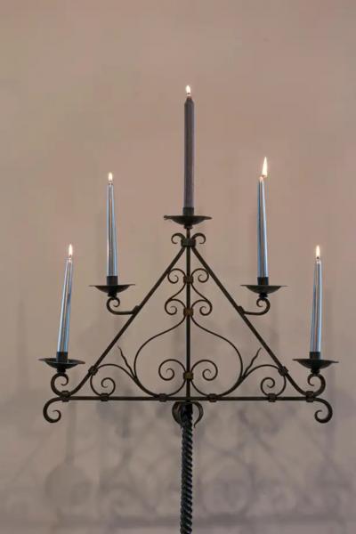 French Wrought Iron Five Light Candelabra with Celadon Lacquer and Gilt Accents