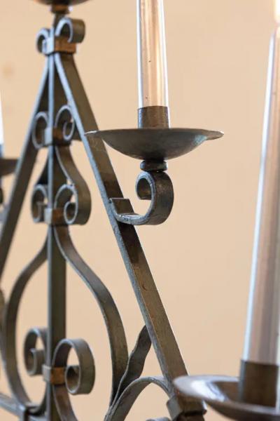 French Wrought Iron Five Light Candelabra with Celadon Lacquer and Gilt Accents