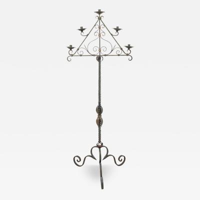 French Wrought Iron Five Light Candelabra with Celadon Lacquer and Gilt Accents