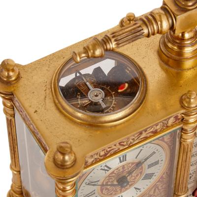 French brass and red enamel compendium carriage clock and barometer