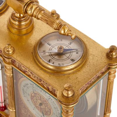 French brass and red enamel compendium carriage clock and barometer