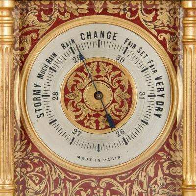 French brass and red enamel compendium carriage clock and barometer