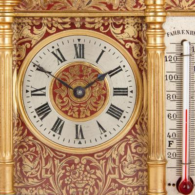 French brass and red enamel compendium carriage clock and barometer