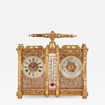 French brass and red enamel compendium carriage clock and barometer