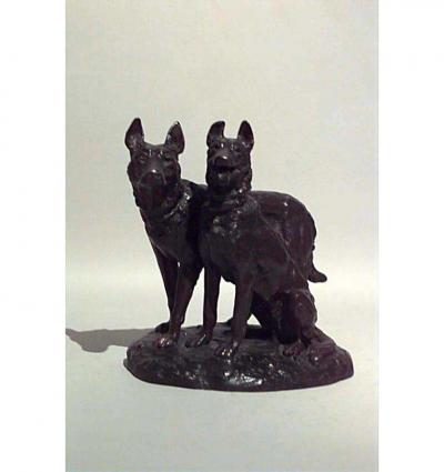 French bronze group of two dogs with one sitting signed Laplanche 