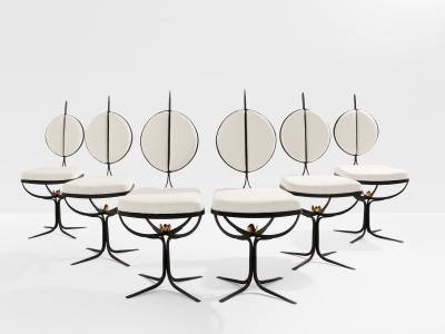 French brutalist wrought iron alcantara set of 6 chairs 1990