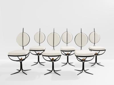 French brutalist wrought iron alcantara set of 6 chairs 1990