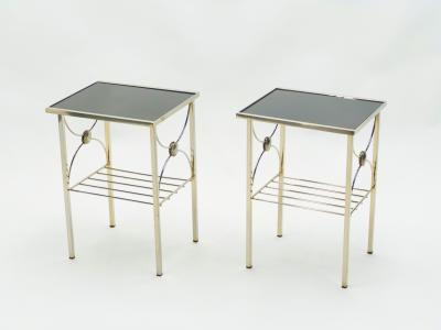 French gilded metal and black opaline glass end tables 1960s