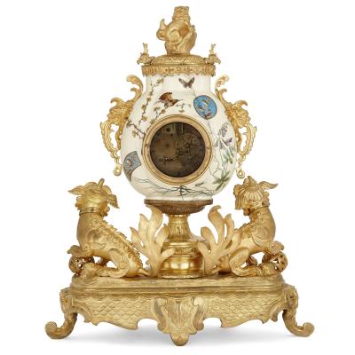 French gilt bronze and faience clock set in the Chinoiserie style