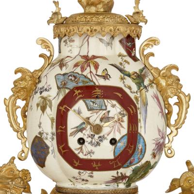 French gilt bronze and faience clock set in the Chinoiserie style