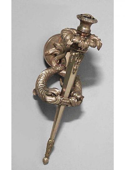 French gilt bronze single arm wall sconces with double dolphin and torch design