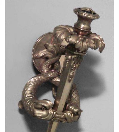 French gilt bronze single arm wall sconces with double dolphin and torch design