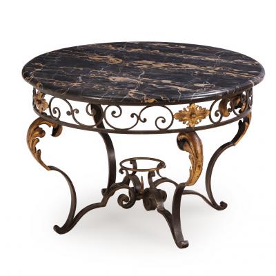 French iron and gilt decorated coffee table with Portoro Nero marble top 