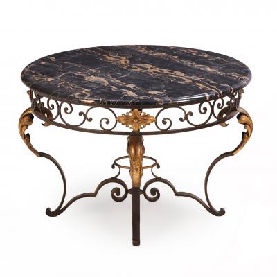 French iron and gilt decorated coffee table with Portoro Nero marble top 