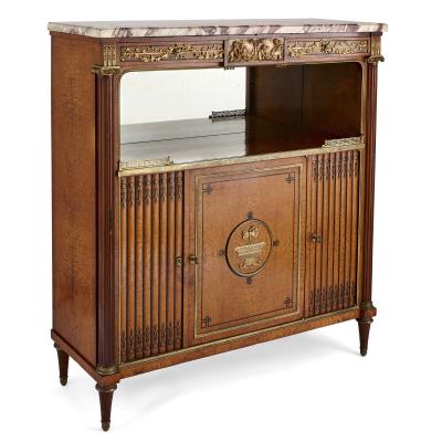 French marble gilt bronze and amboyna burl side cabinet