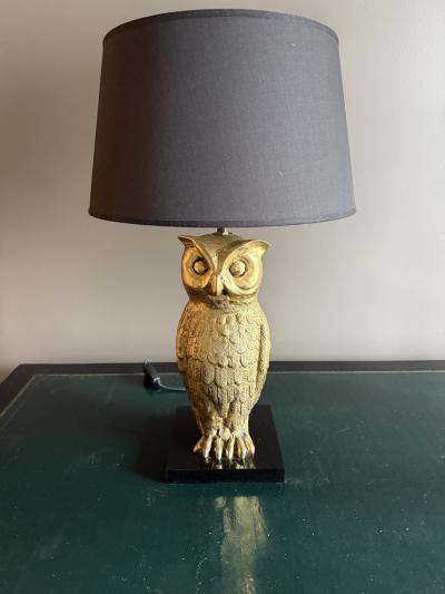 French mid century gilt owl lamp