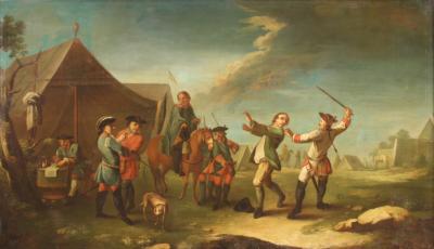 French painting camp with soldiers and horses from the 19th century