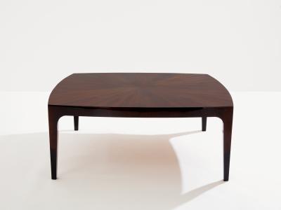 French walnut marquetry square coffee table 1970