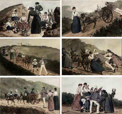 French watercolors set of 6 France 1885