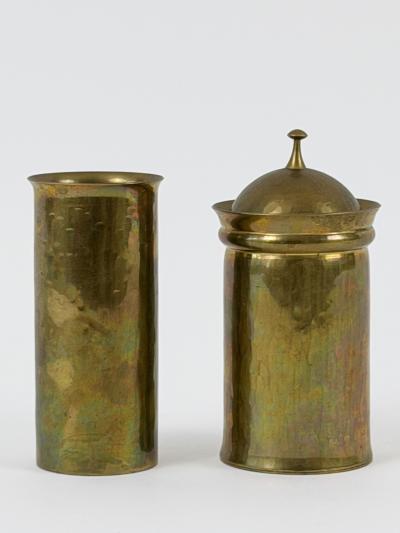 Friedrich Marby Set of Two Bauhaus Hand Hammered Brass Lidded Box Vase by Friedrich Marby 1925