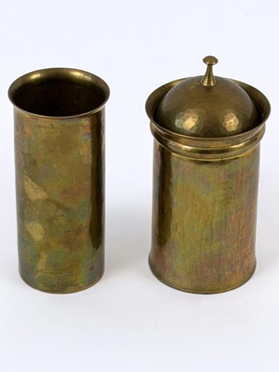 Friedrich Marby Set of Two Bauhaus Hand Hammered Brass Lidded Box Vase by Friedrich Marby 1925