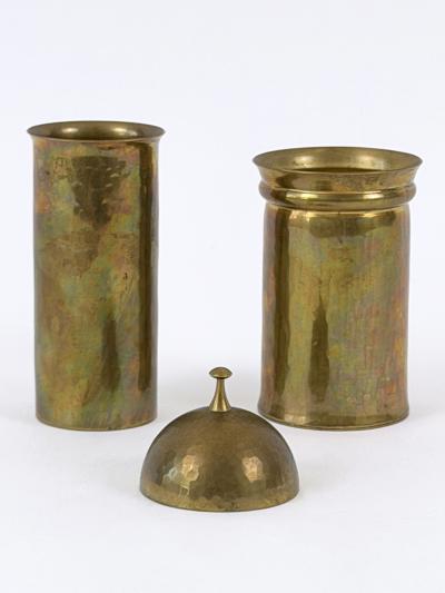 Friedrich Marby Set of Two Bauhaus Hand Hammered Brass Lidded Box Vase by Friedrich Marby 1925