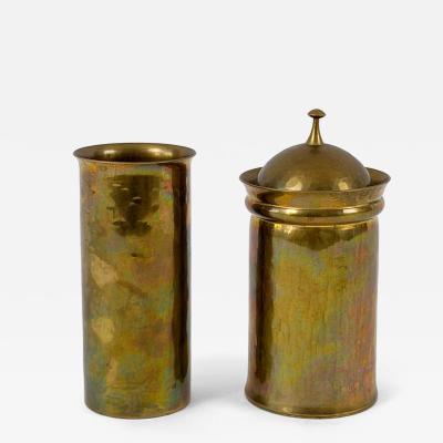 Friedrich Marby Set of Two Bauhaus Hand Hammered Brass Lidded Box Vase by Friedrich Marby 1925