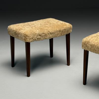 Frits Henningsen Danish Mid Century Modern Ottomans Honey Shearling Mahogany Denmark 1950s