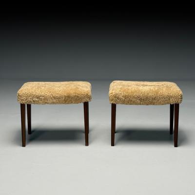 Frits Henningsen Danish Mid Century Modern Ottomans Honey Shearling Mahogany Denmark 1950s