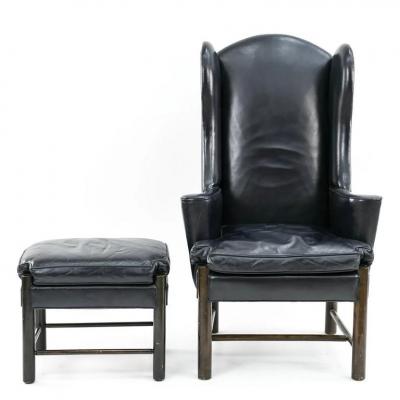 Frits Henningsen Frits Henningsen Style Leather Wingback Chair and Ottoman