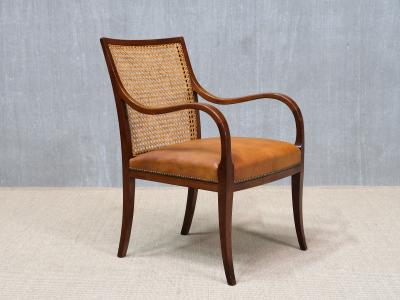 Frits Henningsen Pair of Frits Henningsen Armchairs in Mahogany Cane and Leather Denmark 1931