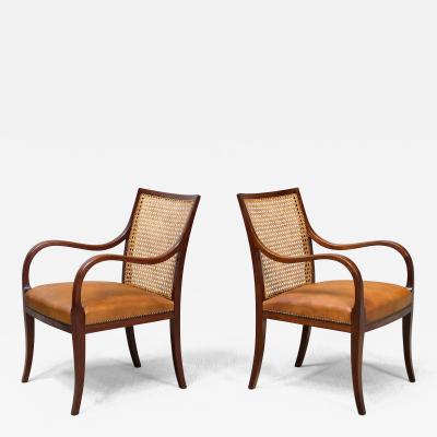 Frits Henningsen Pair of Frits Henningsen Armchairs in Mahogany Cane and Leather Denmark 1931