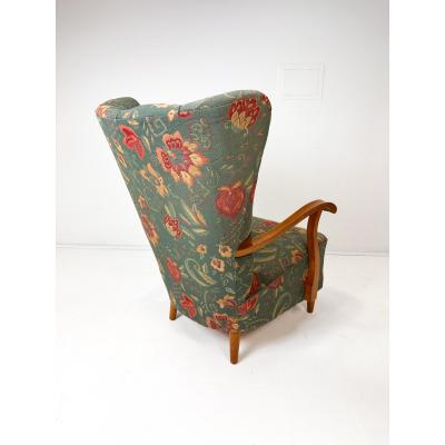 Fritz Hansen Swedish High Back Lounge Chair With Floral Upholstery 1950s