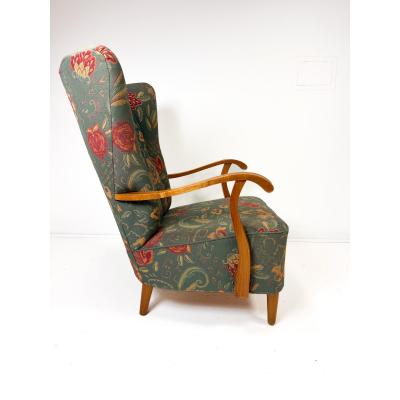 Fritz Hansen Swedish High Back Lounge Chair With Floral Upholstery 1950s