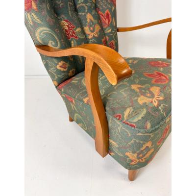 Fritz Hansen Swedish High Back Lounge Chair With Floral Upholstery 1950s
