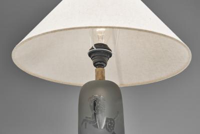 Frosted Glass Table Lamp with Horse Decoration Sweden 1930s