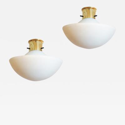 Frosted Glass and Brass Italian Mid Century Flush Mounts