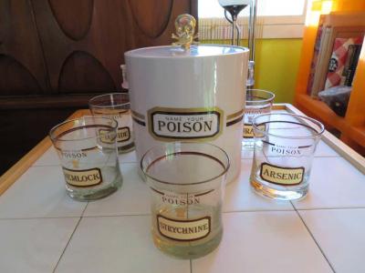 Fun Set of Six Name Your Poison Rocks Glasses Ice Bucket Mid Century Modern