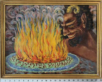 G Cougnaud Giant Sadistic Laughing Devil with Hellfire and Tiny Humans