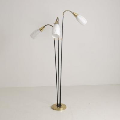 G Holman Three Light Floor Lamp in Brass Black Metal and Opaline Glass 1950s