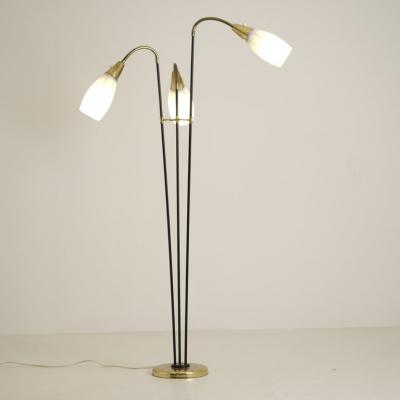 G Holman Three Light Floor Lamp in Brass Black Metal and Opaline Glass 1950s