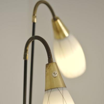 G Holman Three Light Floor Lamp in Brass Black Metal and Opaline Glass 1950s