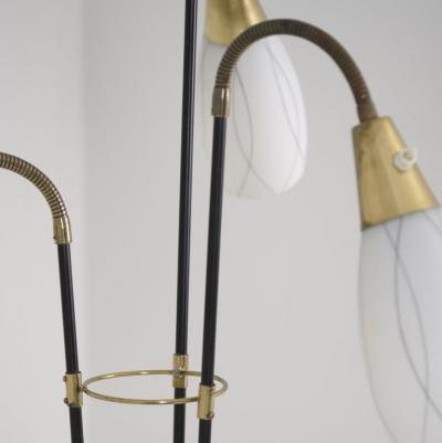 G Holman Three Light Floor Lamp in Brass Black Metal and Opaline Glass 1950s