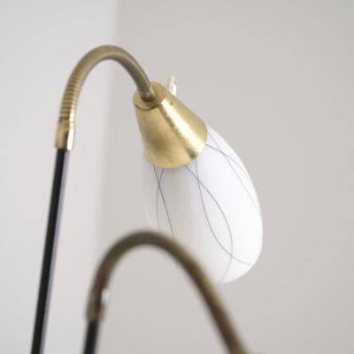 G Holman Three Light Floor Lamp in Brass Black Metal and Opaline Glass 1950s
