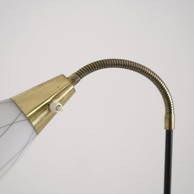G Holman Three Light Floor Lamp in Brass Black Metal and Opaline Glass 1950s