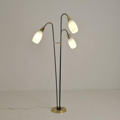 G Holman Three Light Floor Lamp in Brass Black Metal and Opaline Glass 1950s