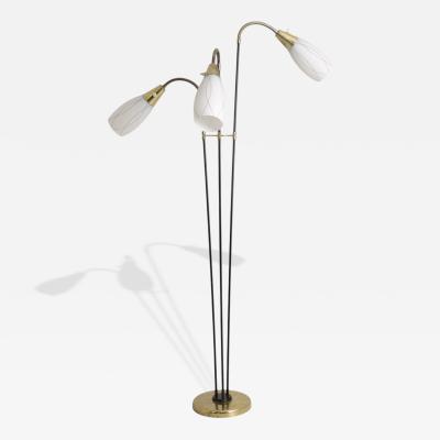 G Holman Three Light Floor Lamp in Brass Black Metal and Opaline Glass 1950s
