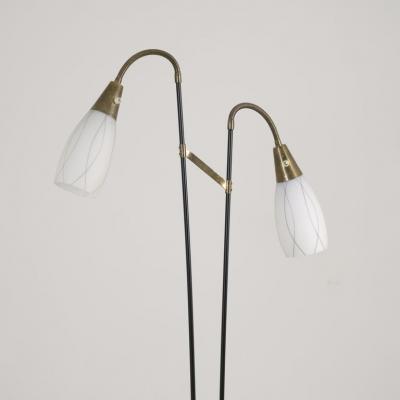 G Holman Two Light Floor Lamp in Brass Black Metal and Opaline Glass 1950s