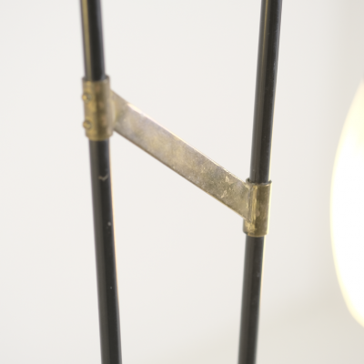 G Holman Two Light Floor Lamp in Brass Black Metal and Opaline Glass 1950s